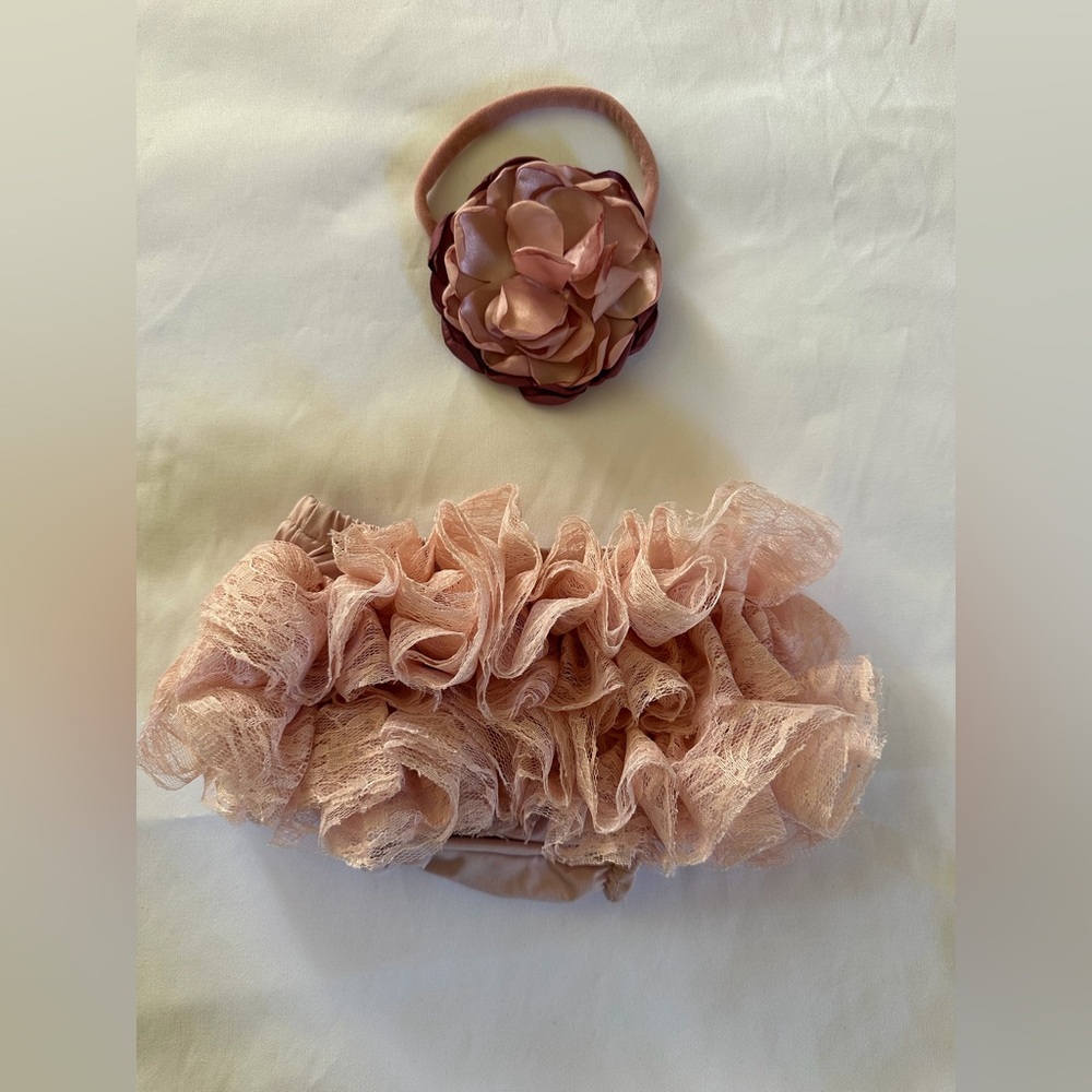 Newborn Lace Ruffle Bloomers Set Pink Baby Photo Outfit Headband 0-3M